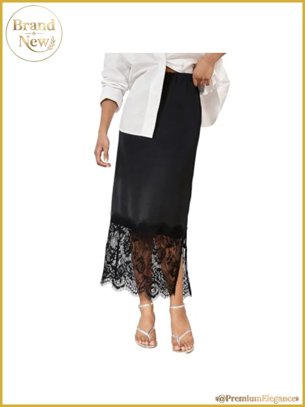 Women's Satin Maxi Skirt Lace Patchwork Long A-Line Elastic Waist Side Zip